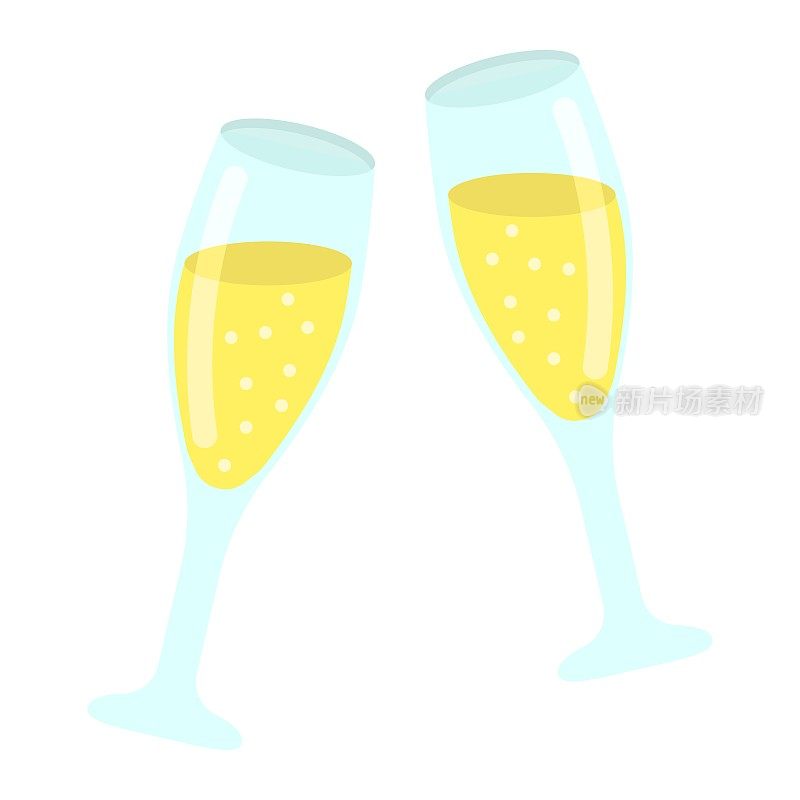 两杯香槟平图标，情人节和浪漫，庆祝符号矢量图形，彩色固体图案上的白色背景，eps 10。